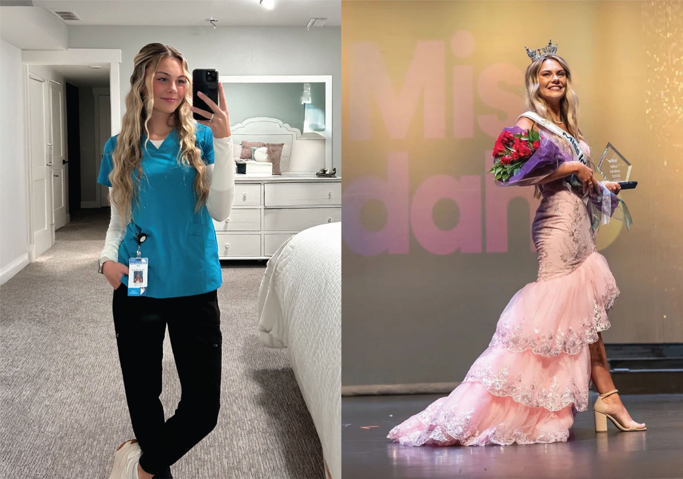 Ellie Daniels pictured in her CEI nursing scrubs and on stage as Miss Idaho 2026