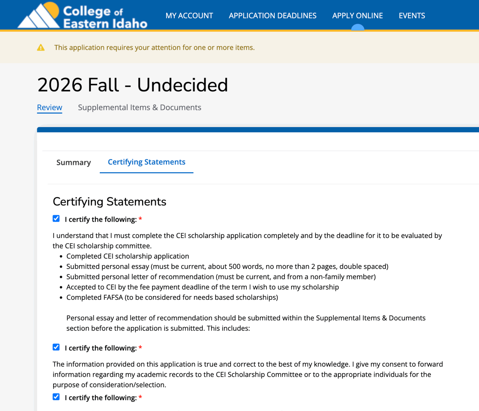 Step 4 of applying for CEI Foundation Scholarships: the scholarship application review page displaying required certifying statements and checkboxes that must be completed before submitting the application.