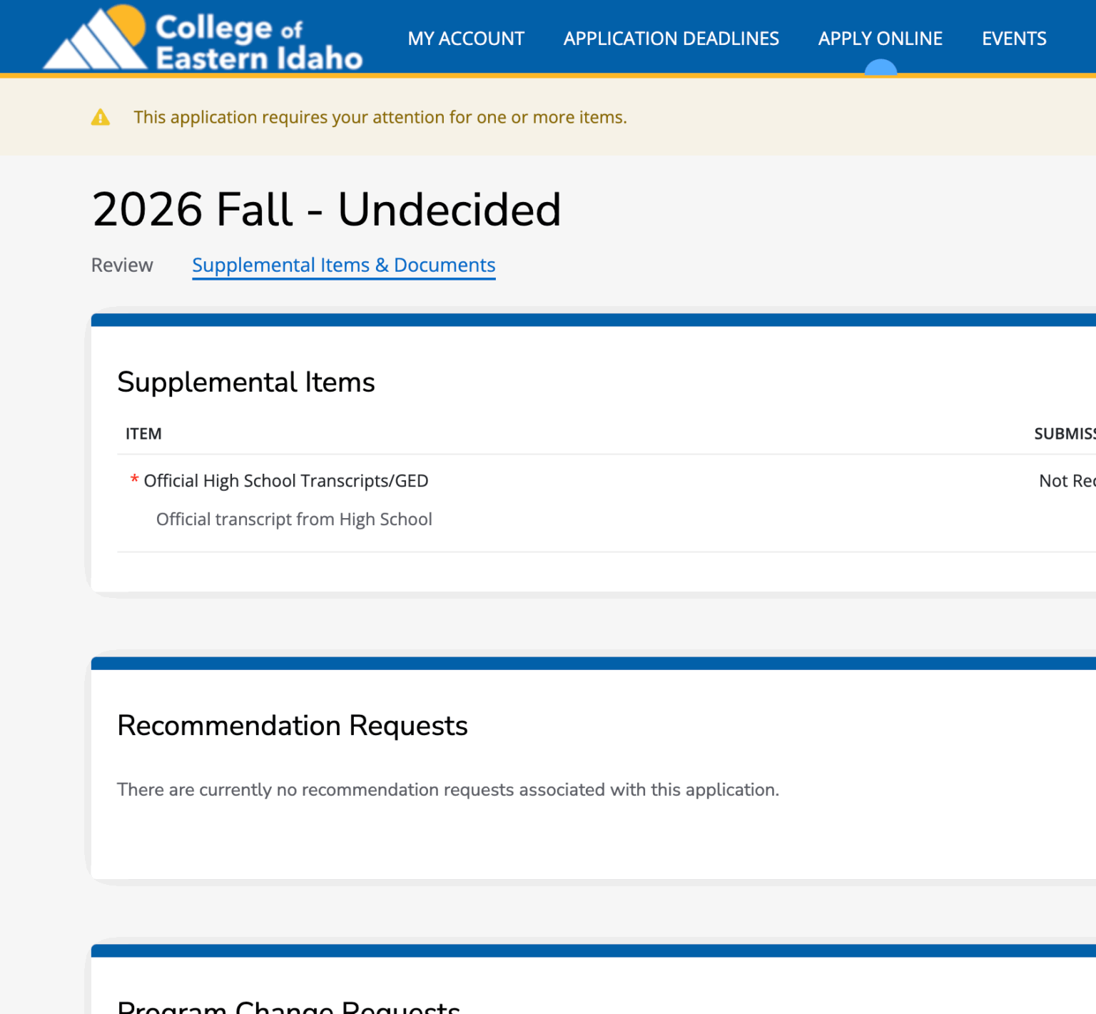 Step 5 of applying for CEI Foundation Scholarships: The scholarship application's Supplemental Items & Documents page showing required materials, including sections for recommendation requests and other supporting documents that must be submitted to complete the application.