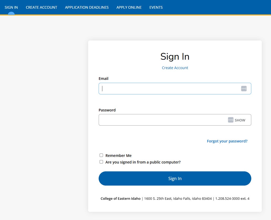 Step 1 of applying for CEI Foundation Scholarships: The scholarship portal sign-in page with email and password fields, a “Create Account” link for new users, and a “Sign In” button.