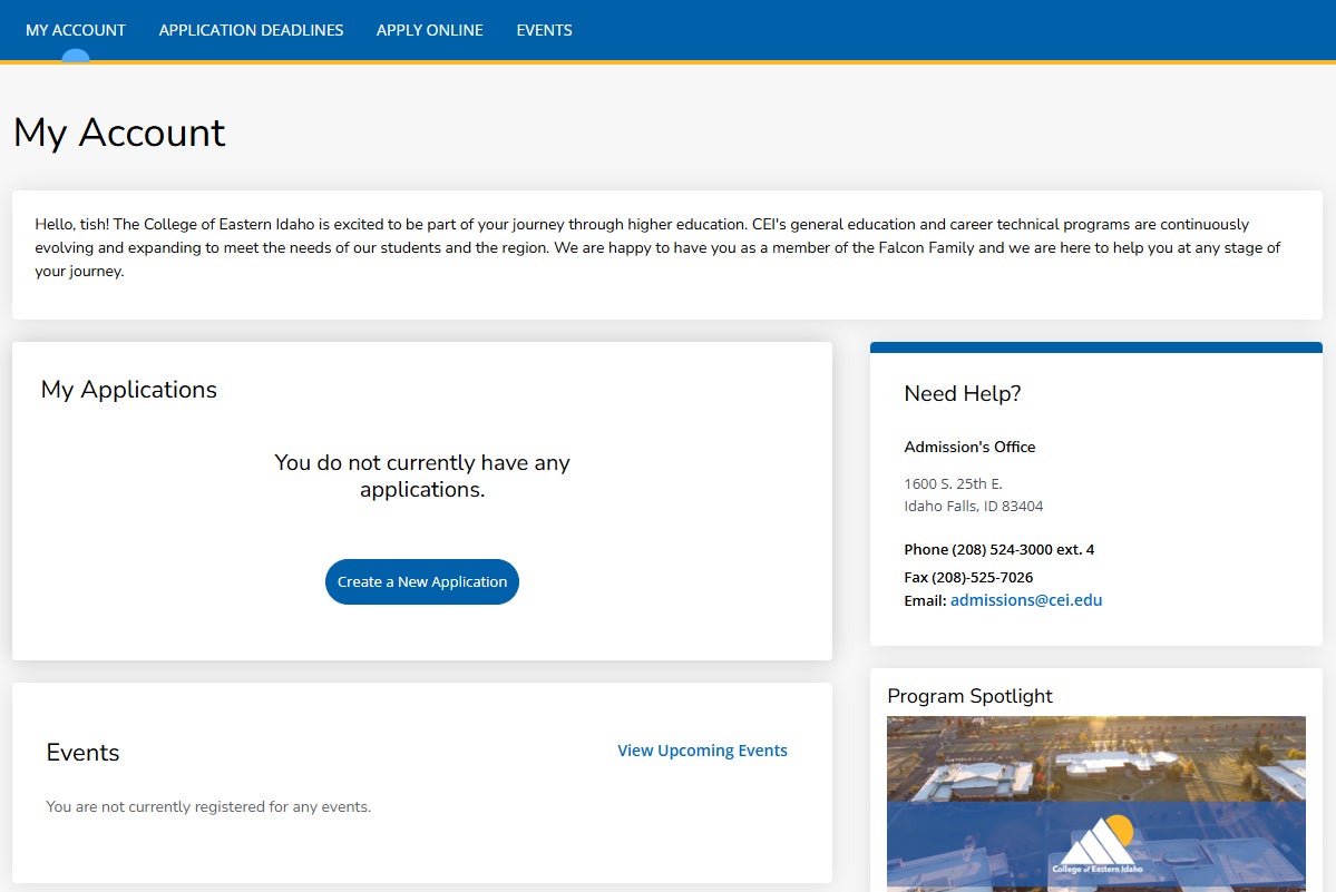 Step 3 of applying for CEI Foundation Scholarships: The My Account page displaying a “Create a New Application” button used to start a scholarship application.